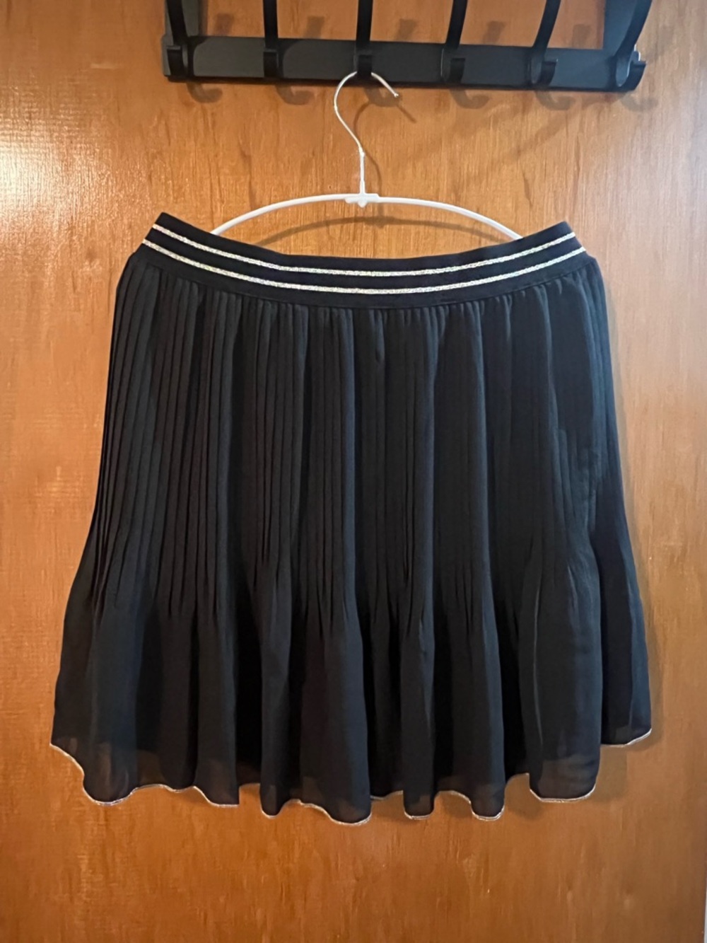 Black Pleated Chiffon Skirt with Metallic Trim